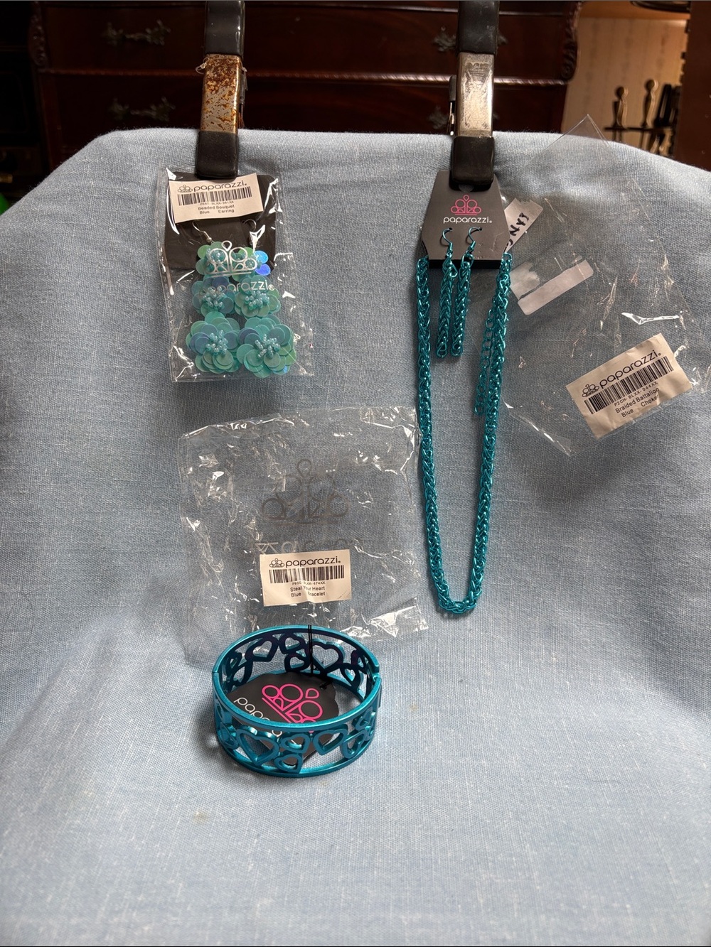 paparazzi Teal Jewelry Set - Braided Necklace, Floral Earrings & Filigree Bangle